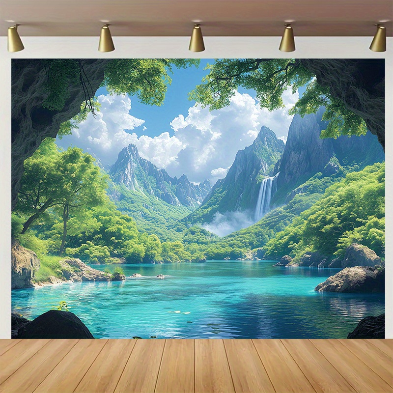 Extra Large Natural Waterfall Tapestry Tropical Greenery Blue Wall Hanging For Living Room Bedroom Background_voghion.com