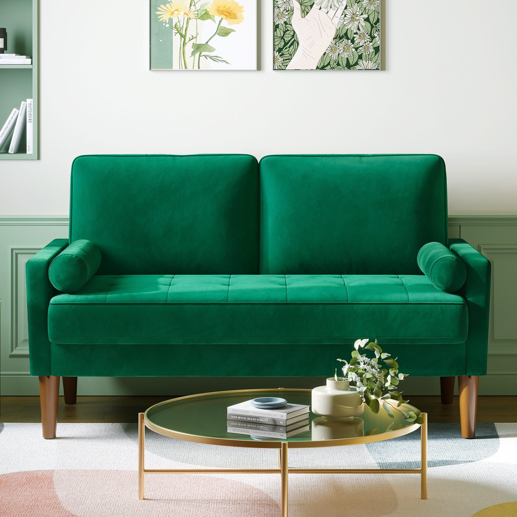 White 2 Seater Sofa, 121cm Velvet Sofa With , Bedroom Sofa With Armrests, Modern Living Room Sofa, 2 Seater Fixed Sofa, Loveseat