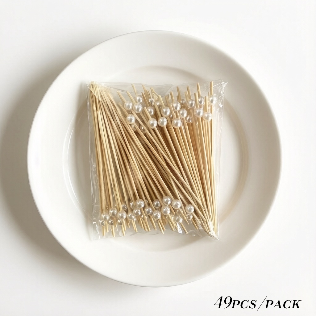 Image of Exquisite And Cute Artificial Pearls Food Skewers (made Of Natural Bamboo With A ), 49pcs/pack, Cute Design Sets, Used For Fruit Plates, Cooked Food, And Party Decorations