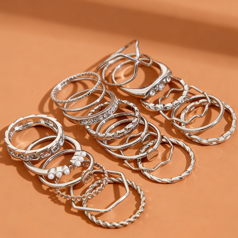 E-shop 20er Set Damenringe, , einfach, elegant, exquisit, Retro-Design, geometrische Kette, Wellenkreuz, rundes Stück, Bling Bling, glänzender, Ring,