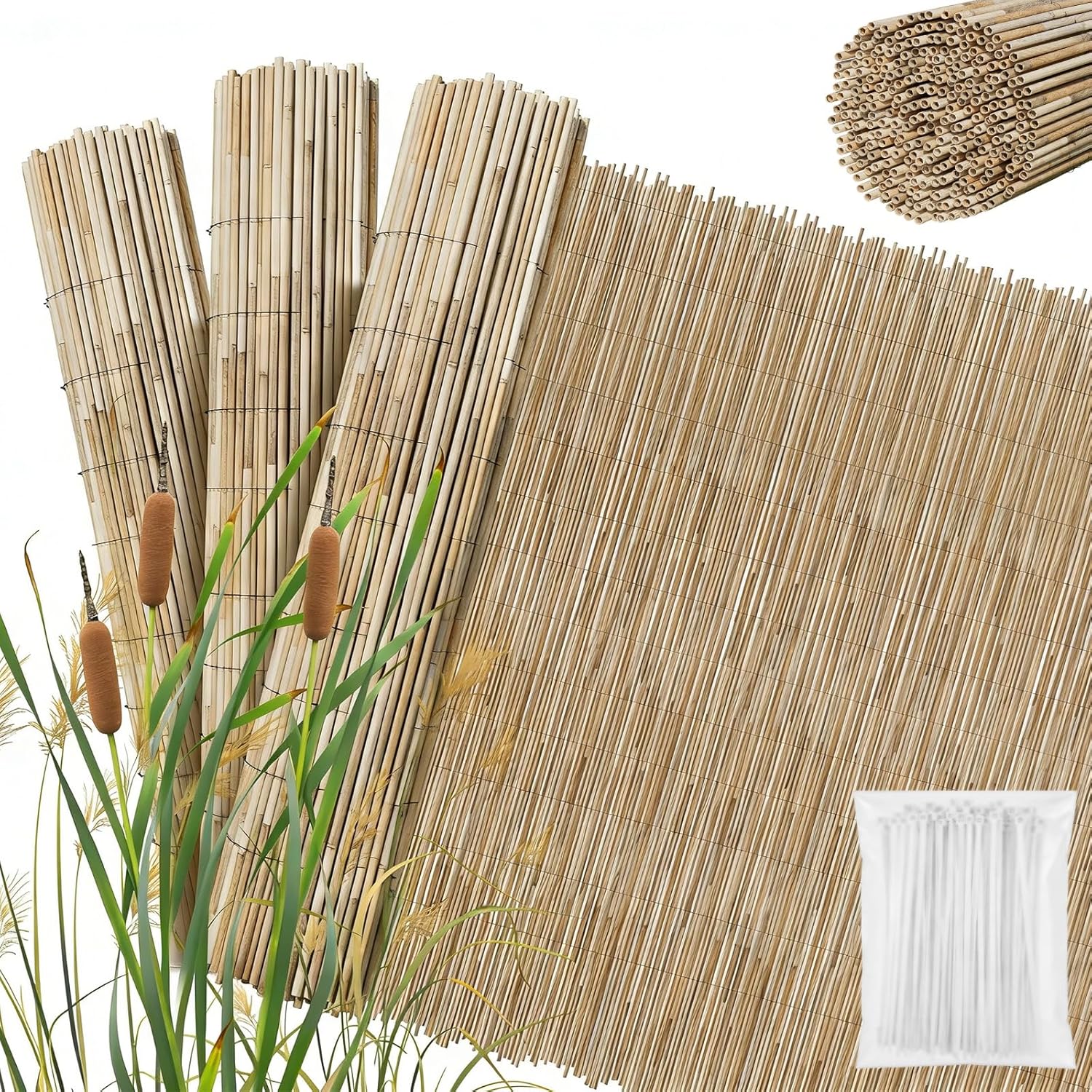 Image of [2d Flat] Natural Reed Privacy Screen Mat, Reed Fence Roll For Balcony, Wind Protection Screen, Breathable Garden Privacy Cover For Balcony, Fence & Terrace, In 6 Sizes