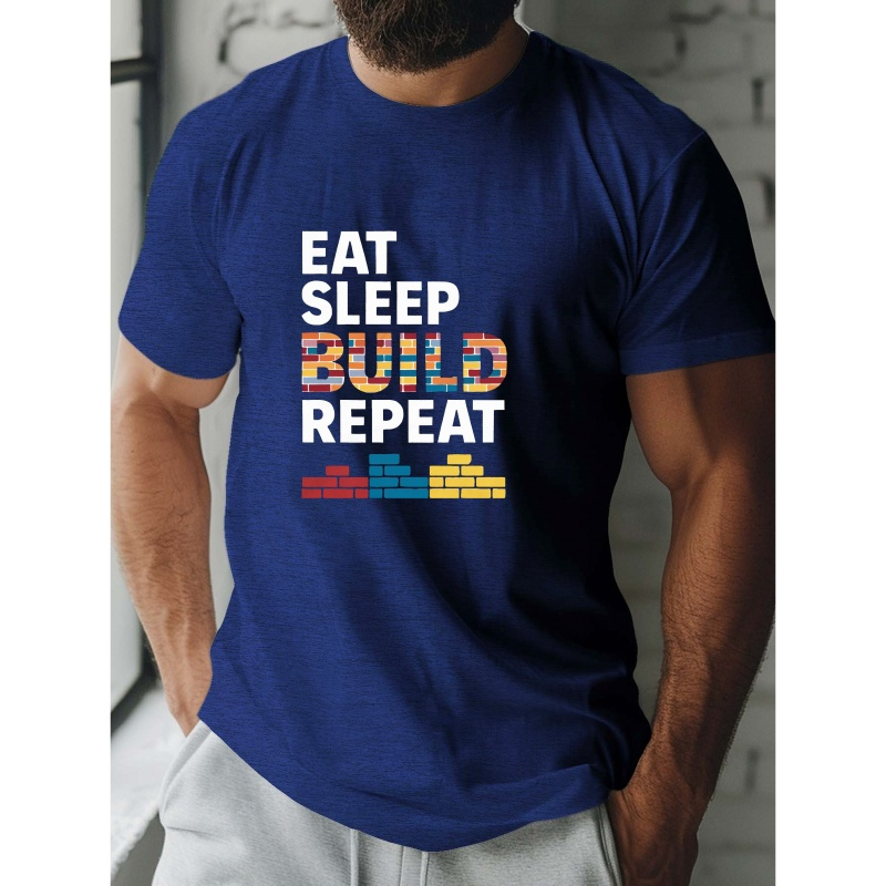 

Manger Dormir Répéter" T-shirt Décontracté pour Homme - Polyester , Manches Courtes, Col Rond, T-shirt de Mode d'Été avec Imprimé Géométrique, Tee-Shirt Imprimé, Tees