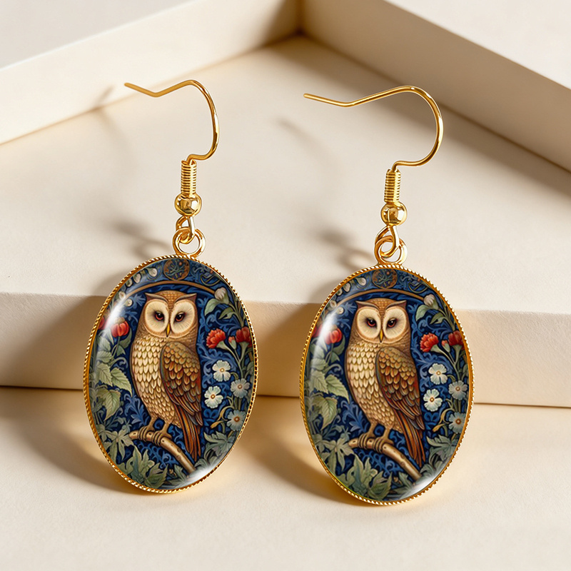 TEMU 1 Pair Owl Earrings - -tone Glass Dome Dangle Earrings With Owl Pendant, -free Suitable For Daily Wear, Gift For Day/easter/mother' Day, Fashion
