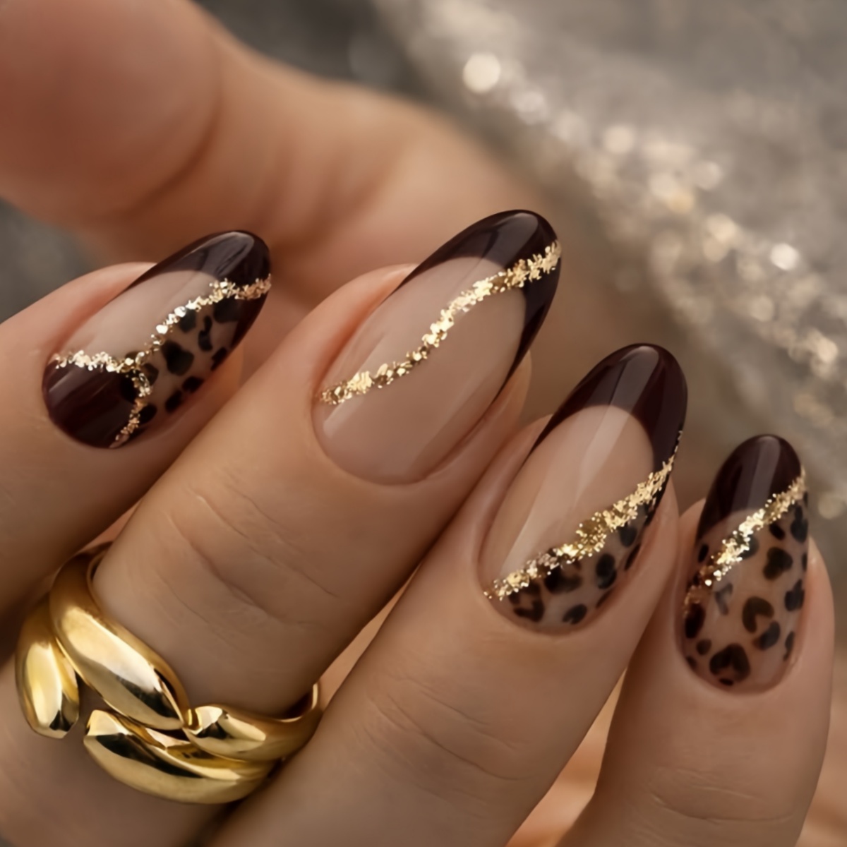 TEMU 24pcs Dark Brown Leopard Print Gilded Twill Almond Press-on Nails, Vintage Temperament , Manicure, Removable Fake Nails, Press-on Nails, Women's