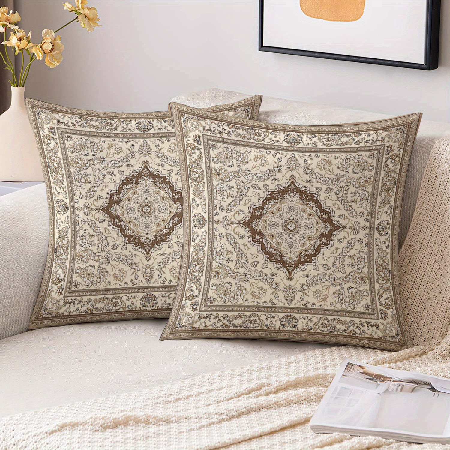 TEMU 2d Flat - 2d Printing 2pcs Persian Carpet Pattern Light Luxury Classical Floral Square Pillow Covers, Suitable For Living Room, Sofa, Bedroom,