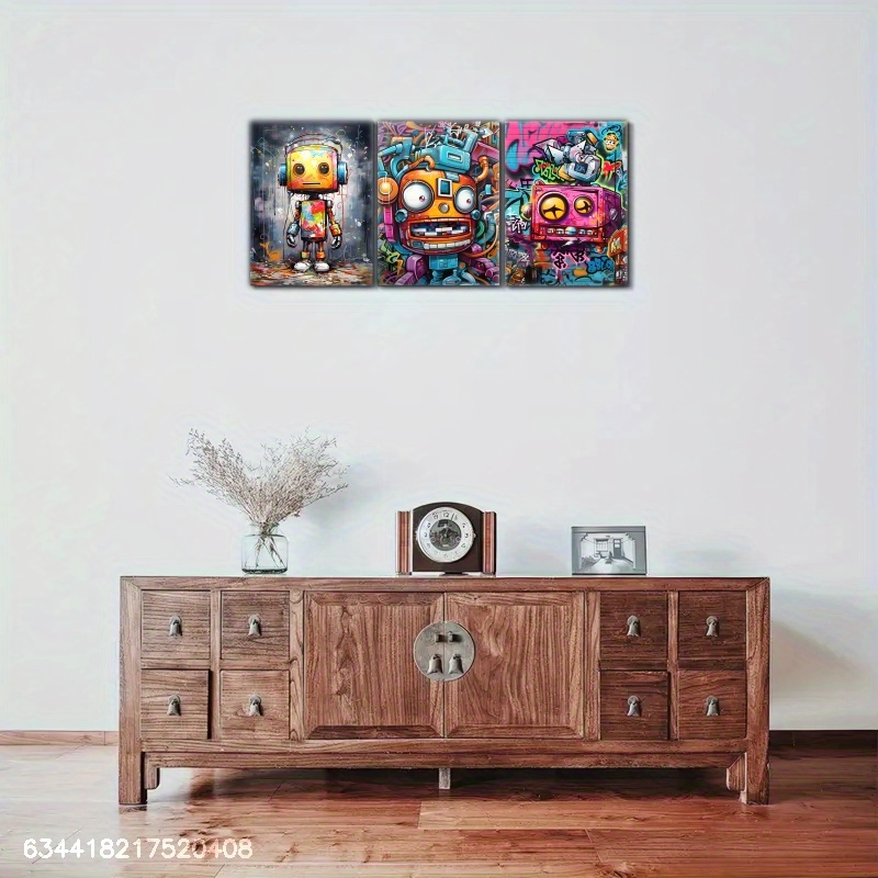 3pcs Framed Canvas Art - Vibrant Graffiti Robot & Space-Themed Wall Decor with Pine Wood Frame, Perfect for Living Room, Bedroom, Cafe, or Bar, Indoor/Outdoor Use, Indoor Wall Decor | Vibrant Wall Art | Wrapped Canvas Frame, Wall Art Decor - Image 4