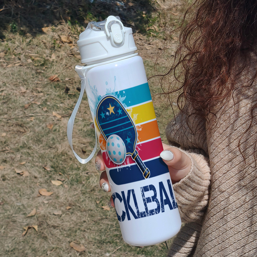 TEMU 1pc 25oz 750ml 2d Printed Plastic Water Bottle Cup, Flip Spout Lid With Straw, Detachable Carry Strap A Vibrant Pickleball Graphic With