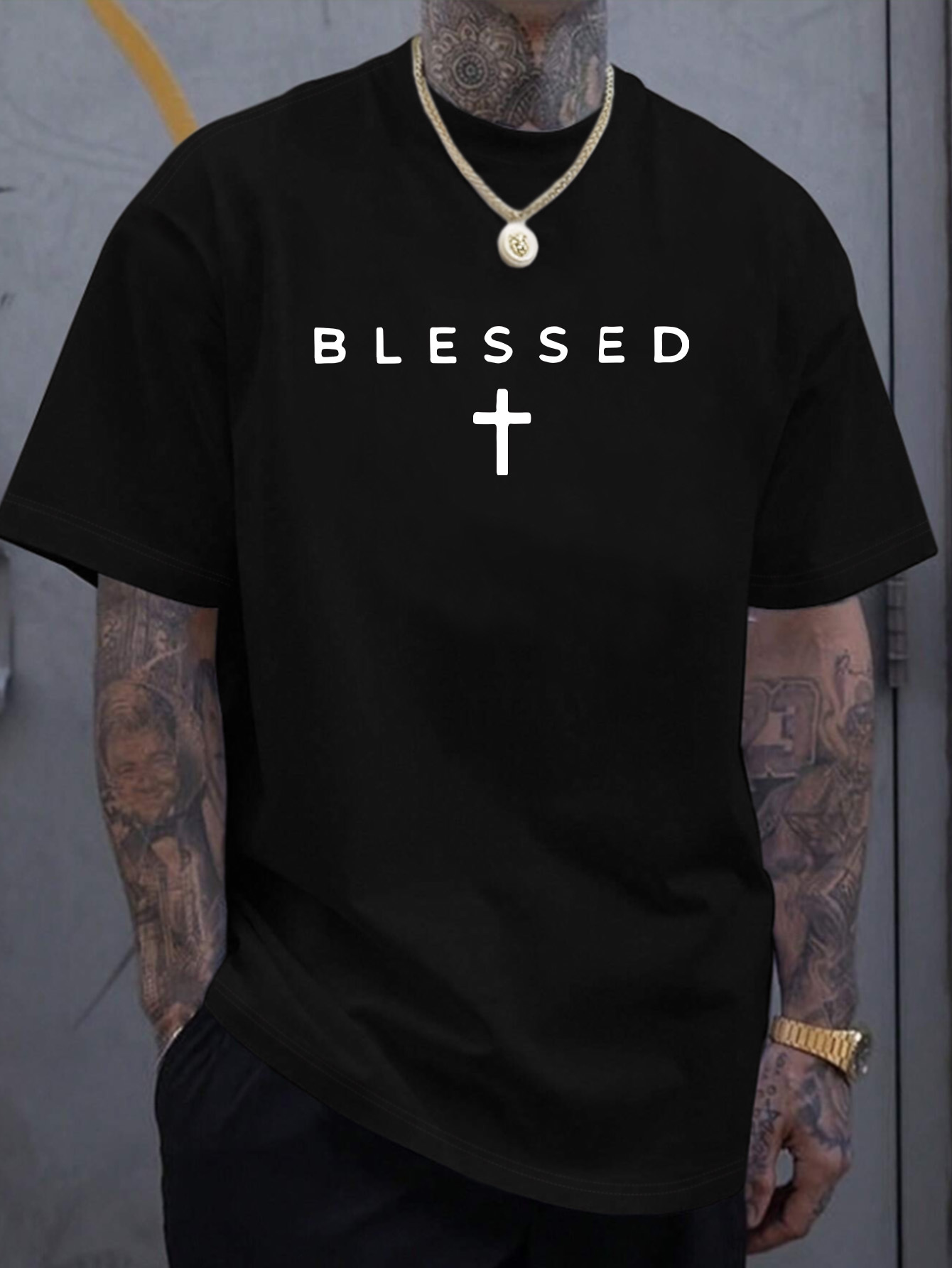 【oan】Cross Necklace Damage Pigment Short Sleeve T-Shirt Peso Pluma Exodo Cross Tee Short Sleeve Cotton T-shirt Women