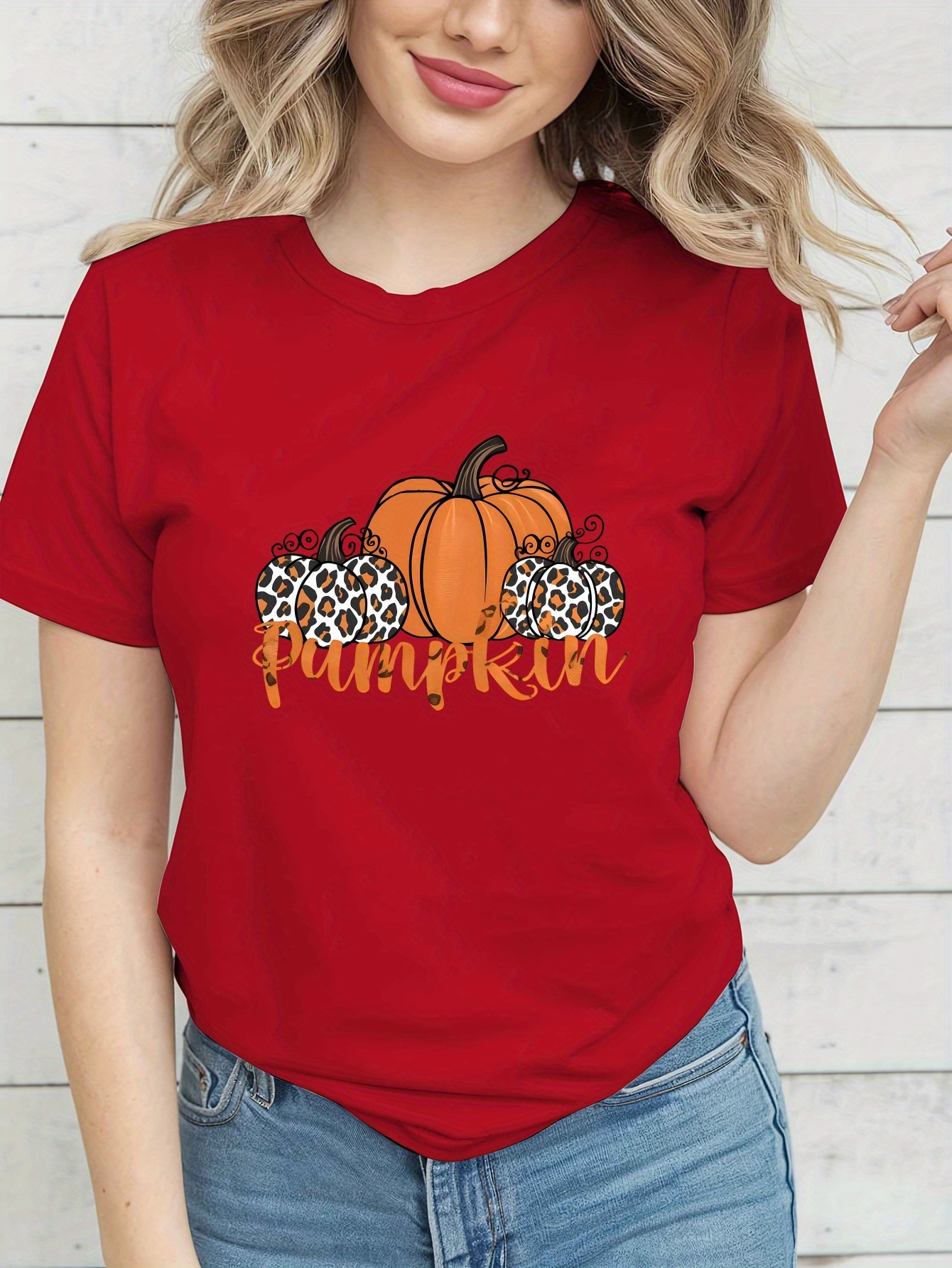 Camiseta de calabaza de Halloween de mujer talla plus, manga corta casual  con cuello 95% poliéster 5% elastán de punto ligeramente el