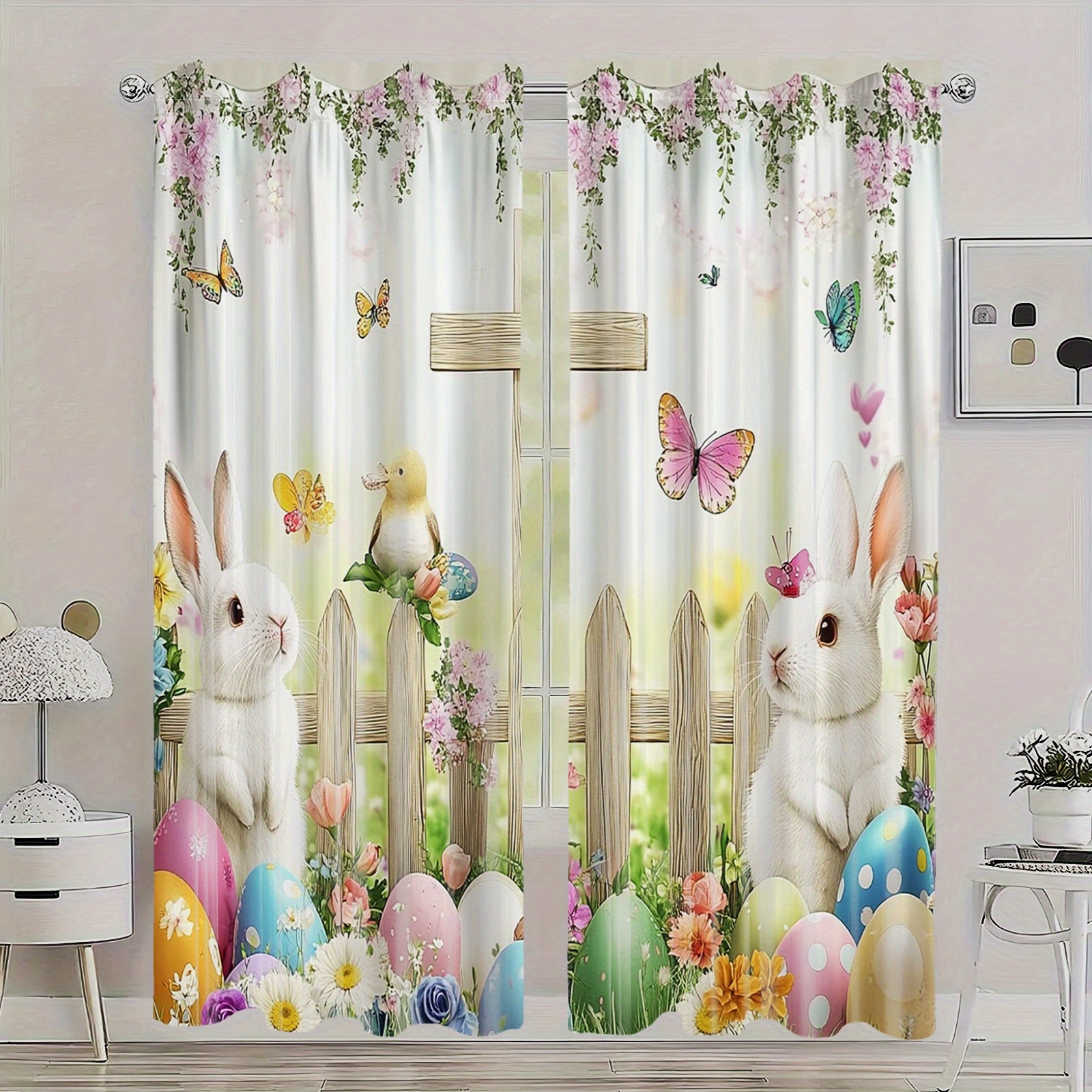 TEMU Easter Celebration 2pcs Curtain Set - Bunny, Eggs & Spring Flowers Design | Polyester Blackout Drapes For Bedroom & Living Room Decor