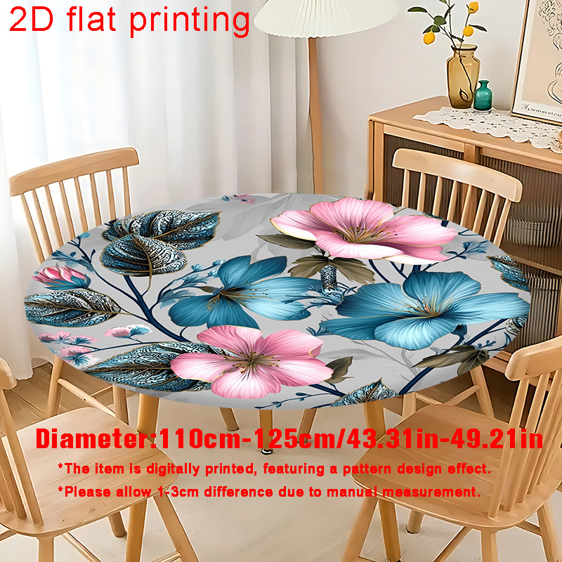 TEMU Nappe Ronde Élastique Imprimée Numériquement 2D, Motif Floral Bleu Rose, Haute Élasticité, Lavable et Facile à Installer, Décoration Maison