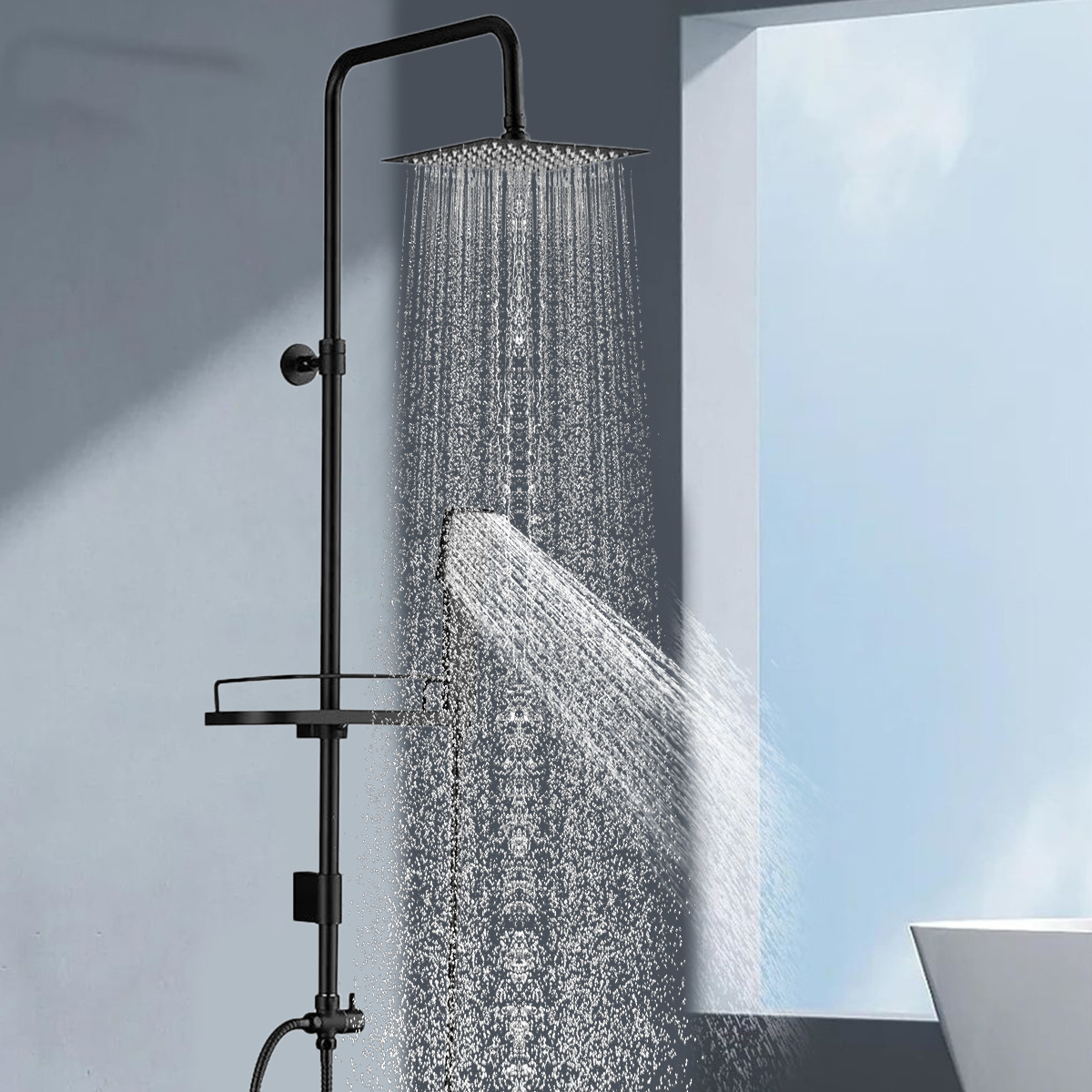 Black Shower Set, Overhead Shower Kit with Adjustable Height Riser Rail