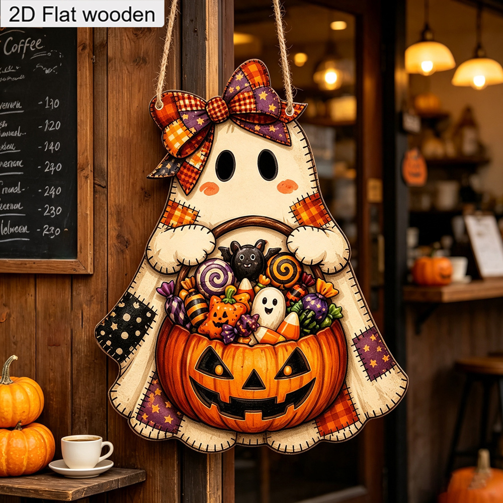 TEMU 2d Flat, Halloween Wooden Decorative Plaque Halloween 2d Flat Wooden Hanging Door Sign, Cute Style Little , With Bow, Holding A Pumpkin Full Of