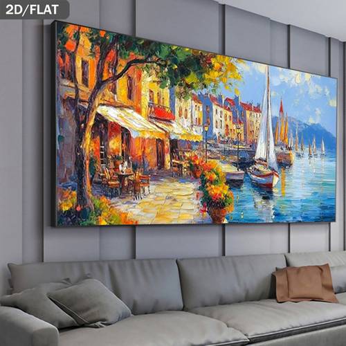 2d flat 2d flat 2d flat 1pc large modern frameless port wall art canvas painting sunny harbor print 39 37 x 78 74 100 x 200cm minimalist maritime poster suitable for living room and bedroom scandinavian and coastal decor