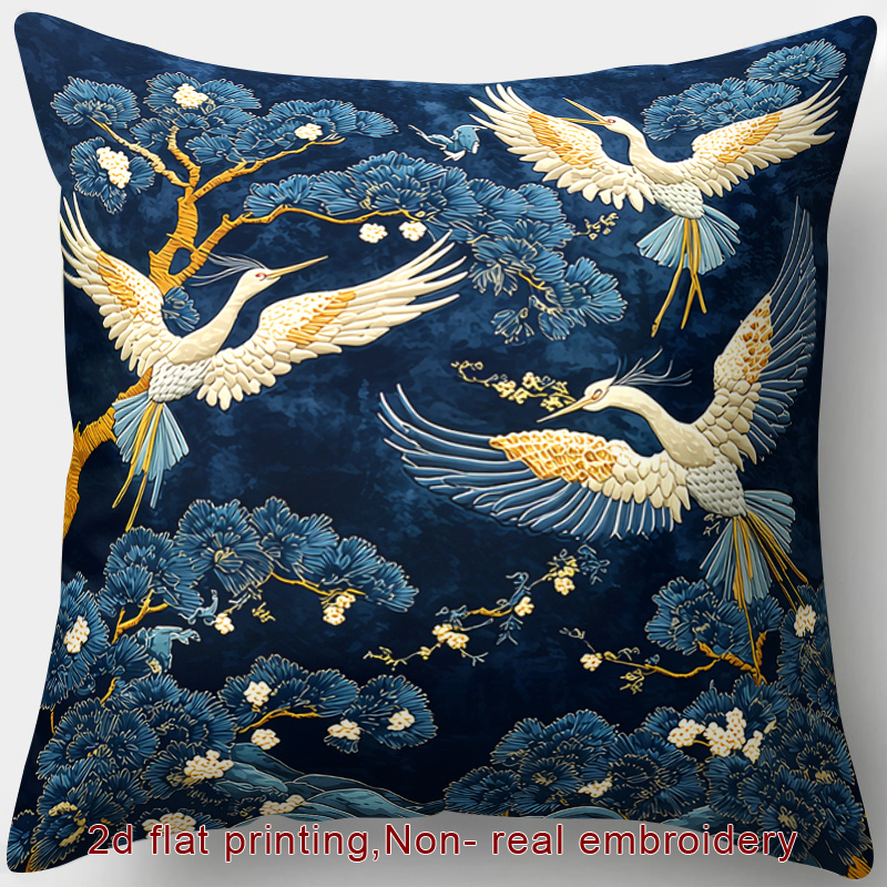 TEMU 1pc, 2d Flat Printing, Zipper Throw Pillow Cover, Pillowcase Suitable For Oriental Classical Themes, Featuring , Pine Trees, Plum Blossoms,