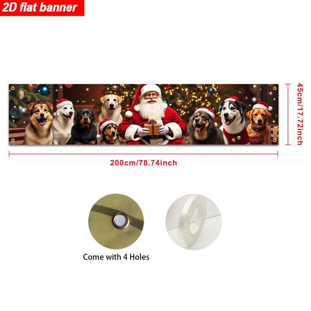 TEMU Bannière 2D plate, 2D plate, un banner 2D représentant Père Noël entouré de plusieurs adorables chiens de compagnie sur le thème de Noël. Les