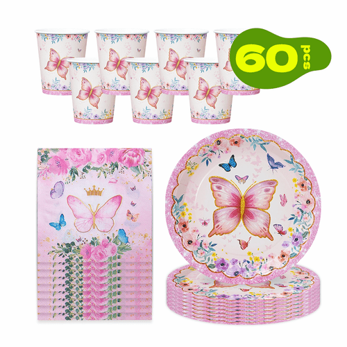 item picture 60pcs pink floral party tableware set 20 x 9 inch plates 20 x paper cups 20 x napkins features colorful butterflies with floral a gentle and for table settings