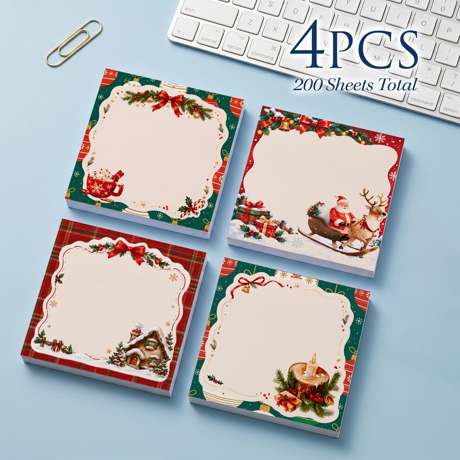 TEMU Lot de 4 bloc-notes adhésifs de Noël aux couleurs classiques , avec le Père Noël, des cadeaux, des maisons enneigées, des branches de pin, des