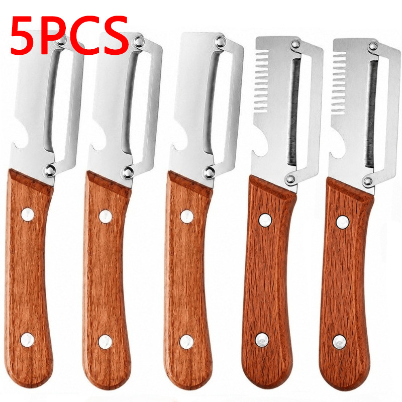TEMU 5pcs Heavy-duty Stainless Steel Peeler And Slicer Set, Featuring A Bottle Opener And Straight Blade Design. Suitable For Sugar Cane, Fruits, And