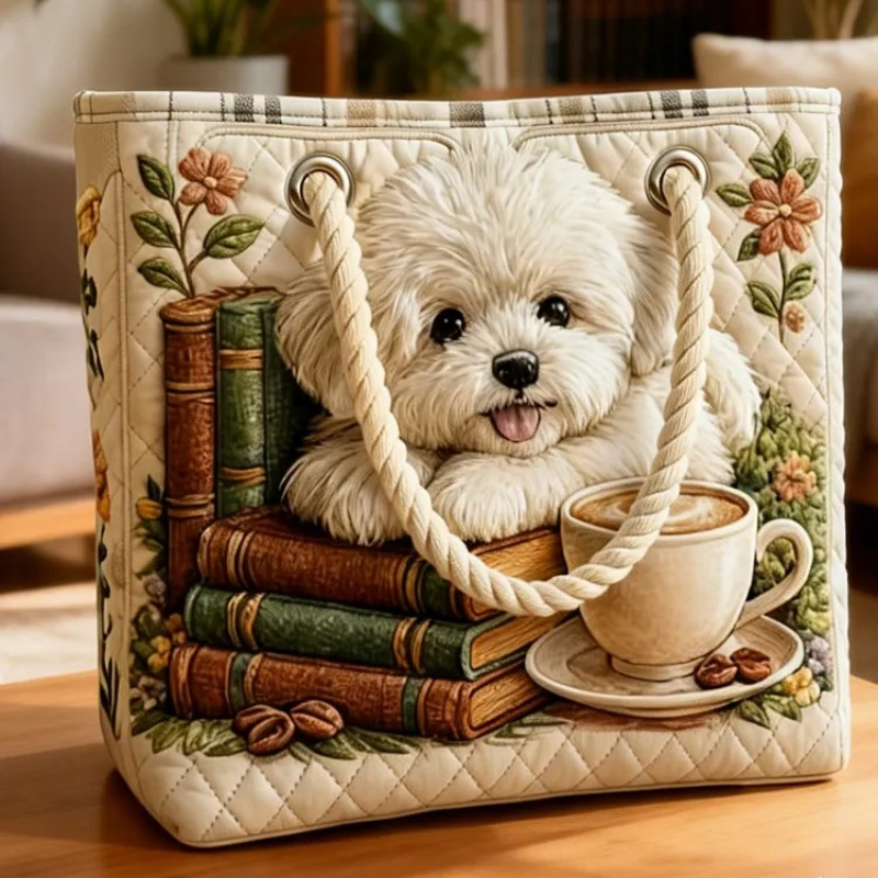 TEMU Dames 2D Platte Print Gewatteerde Strandtas, Vintage Boek Koffiekop Schattige Puppy Literaire Stijl Zachte Stof Capaciteit Multifunctionele