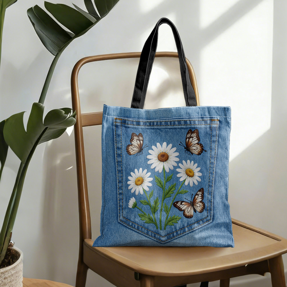 TEMU Bolso Tote de Bolsillo con Diseño Floral de Mariposas No Bordado - Bolso de Compras Reutilizable y Moderno, Bolso de Plegable Duradero, para