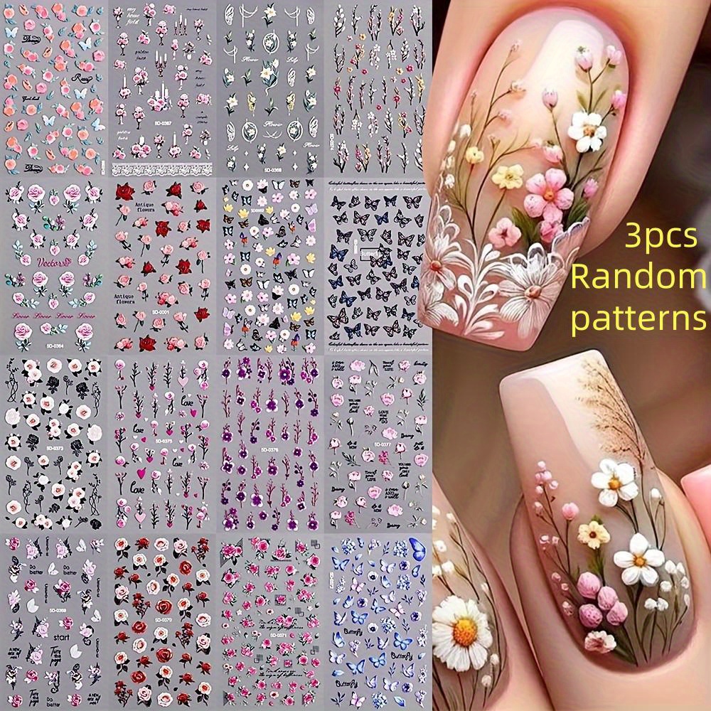 3pcs Random Pattern Nail Art Stickers, 5d Embossed Pattern Daisy Self - Adhesive Nail Stickers, Diy Nail Art Decorations, Durable Nail Decals For , Nail Art Supplies For Women And