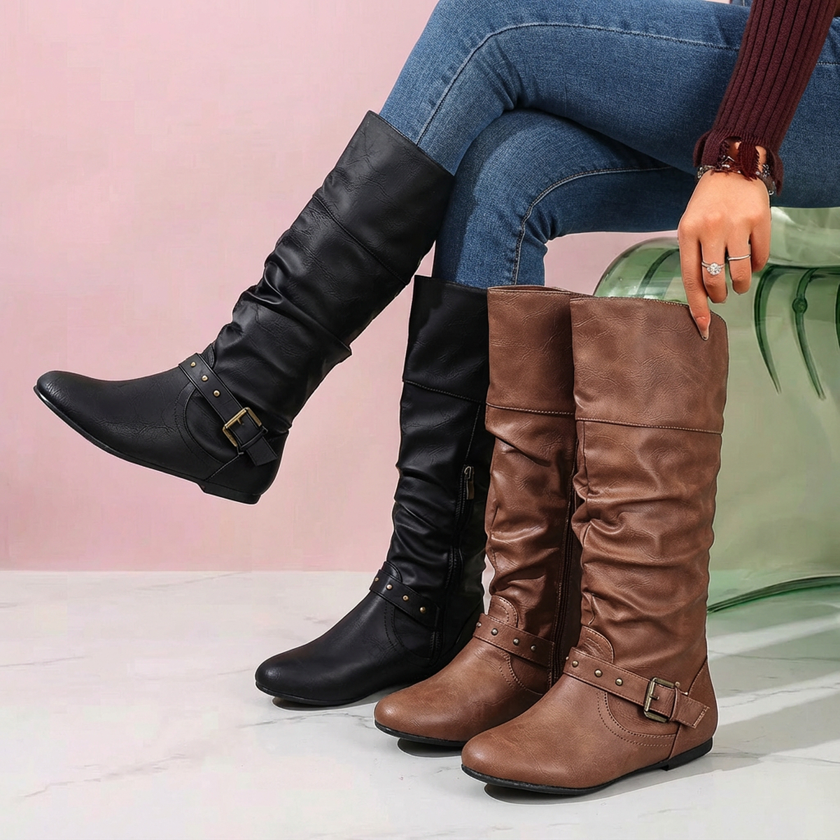 item picture french style   minimalist vintage womens knee high boots with metal   design new winter versatile and   for   market grape picking outfits trendy and elegant pairing with   skirts and woven basket