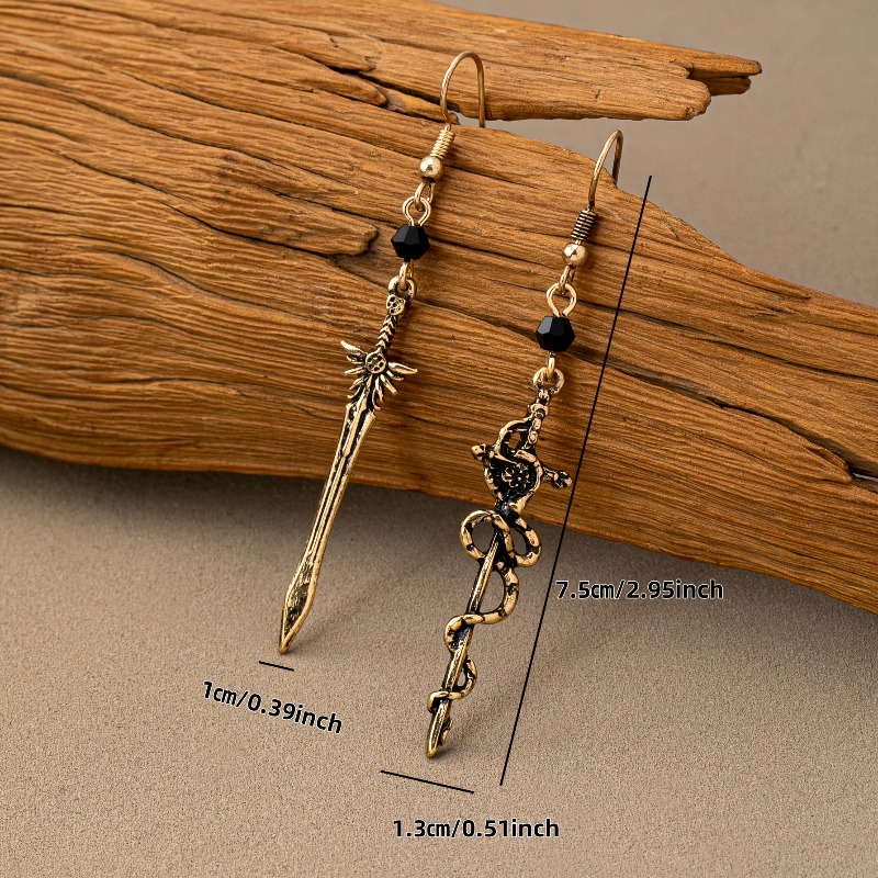 4pcs Gothic Style Serpent-Wrapped Long Sword Earrings Set