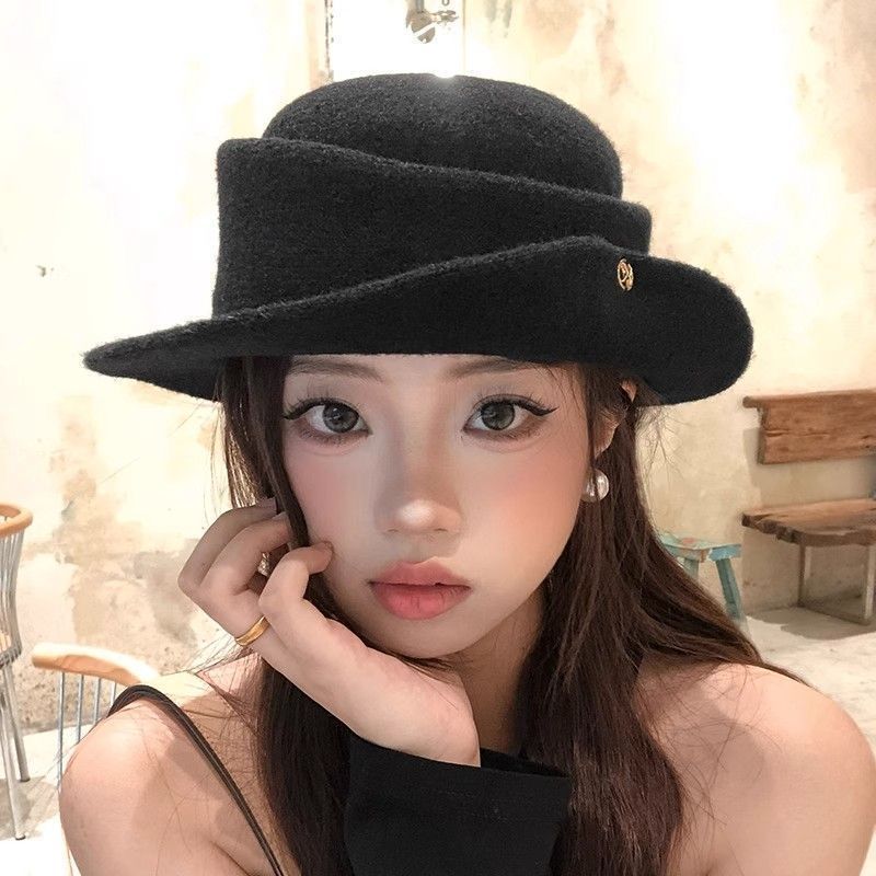 TEMU Vintage Black Wide Brim Hat, Autumn Retro Rolled Brim Fedora For Women, Slouchy Bucket Hat Style For Outfits, Chic Parisian-inspired Accessory