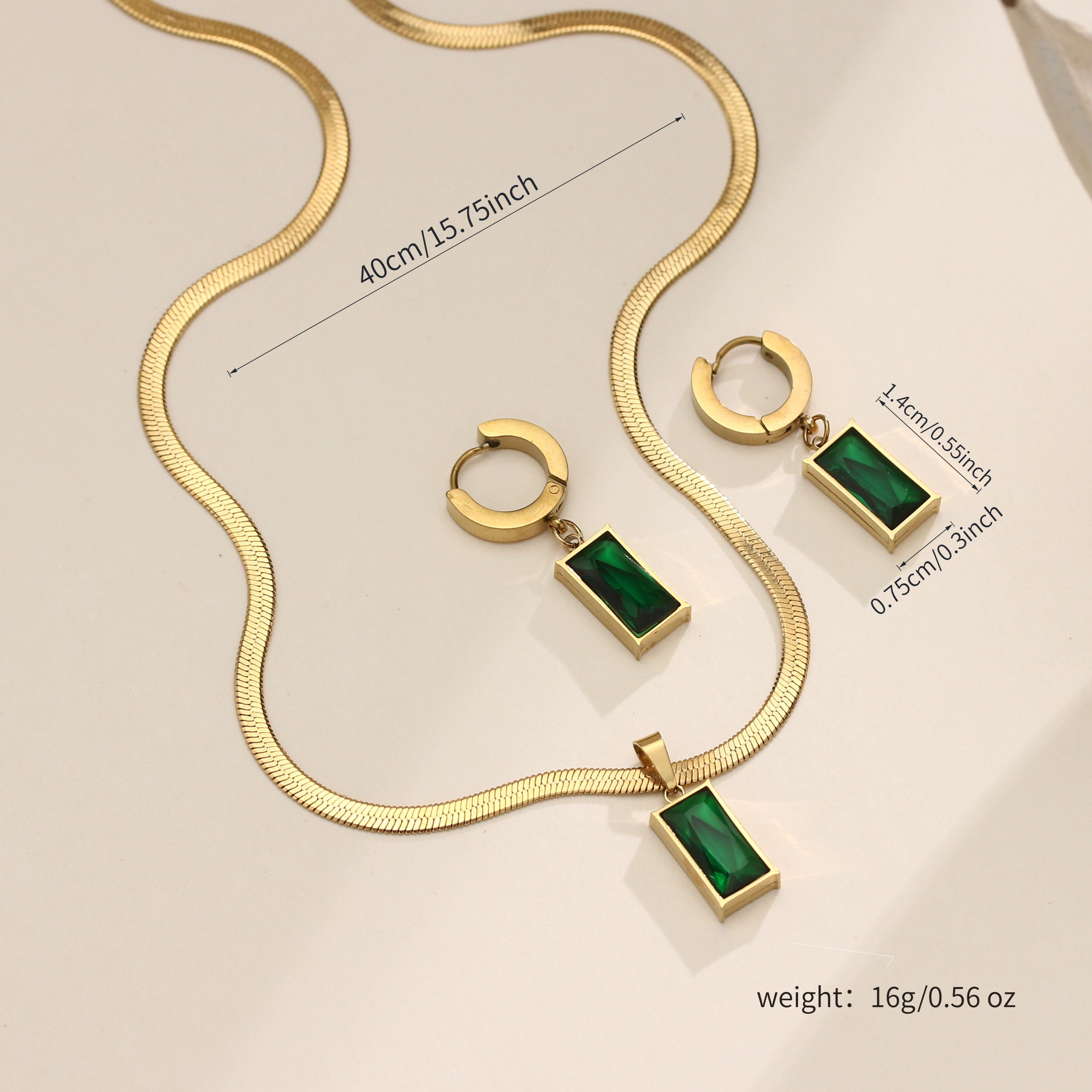 3pcs vintage boho jewelry set for 18k gold plated stainless steel green necklace earrings hypoallergenic bohemian wedding party vacation everyday sensitive light beige durable year round wear details 2