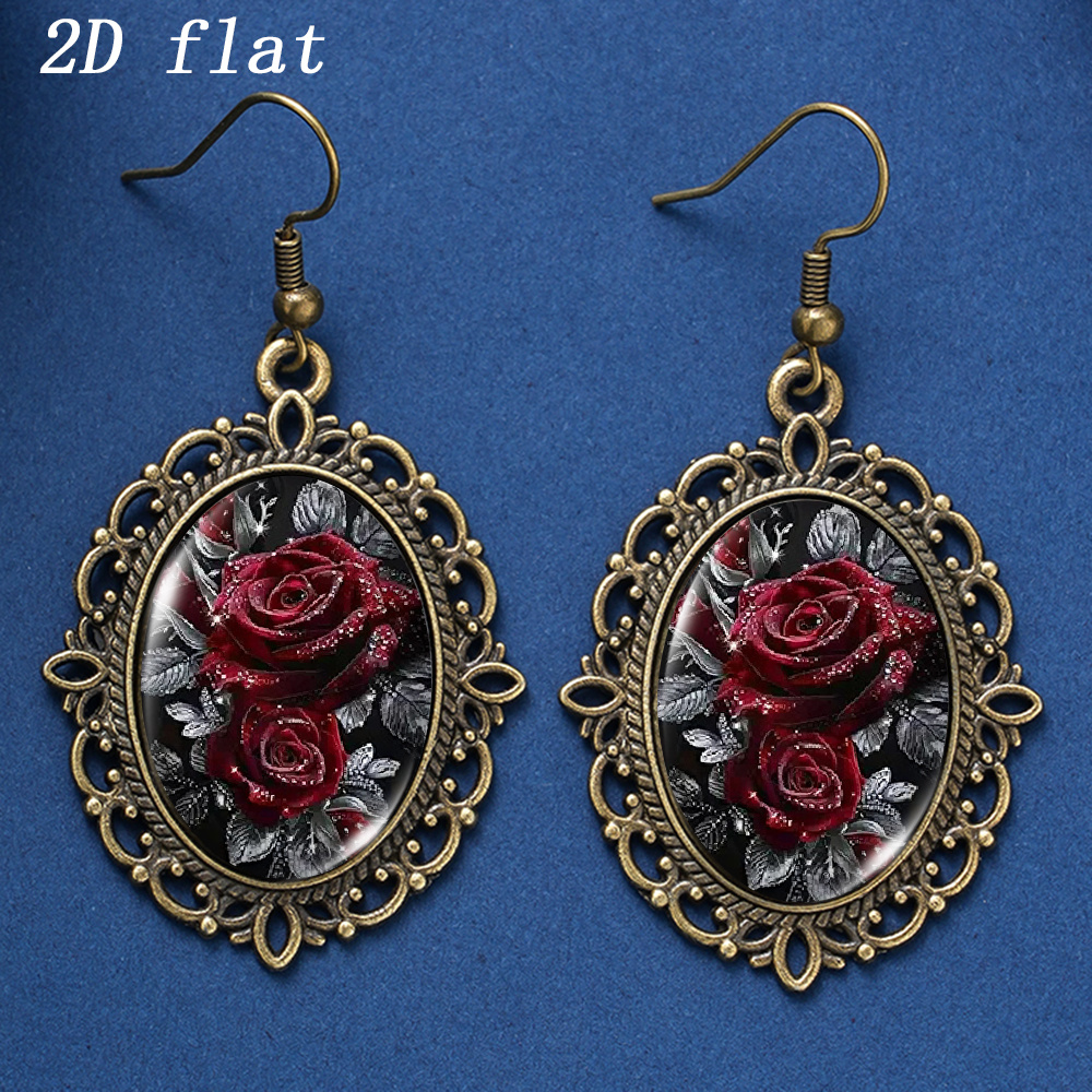 TEMU 1 Par de Aretes con Diseño Borgoña y Hojas Plateadas, Ovalados con de Encaje y Incrustación de Cristal con Gemas de Reloj, 2D Planos, Joyería