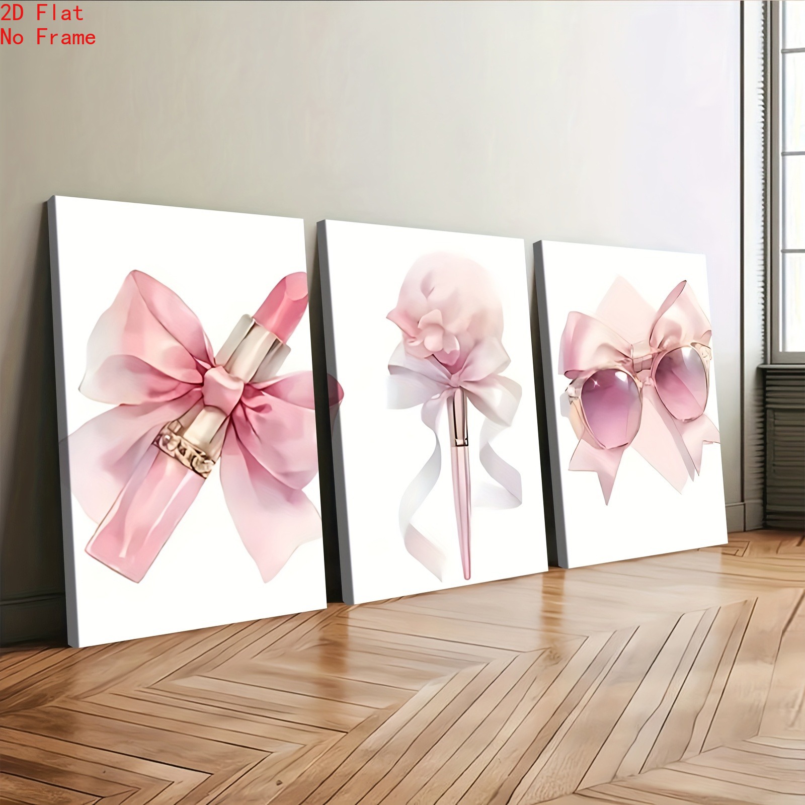 E-shop 2D Flat, 2D Flat, 3-teiliges 2D Flat Pinkes Make-up Luxuriöses Schleifen-Mode-Brillen- und Lippenstift-Zimmerdekor Ästhetische Poster, Ideales
