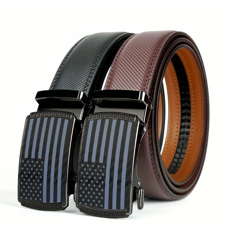 2pcs Men's Genuine Leather Belts with Automatic Ratchet - Adjustable Strap, Black/, Alloy , for Formal & Casual Attire - Ideal Gift for Men