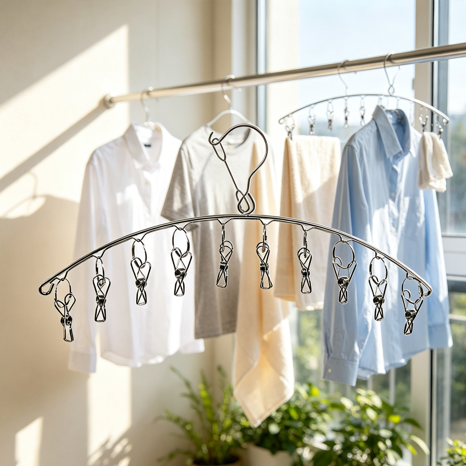 TEMU Porte-cintres de séchage multi-pinces en acier inoxydable, étendoirs à linge, -vent, organisateur ménager encombrant, étagère polyvalente pour