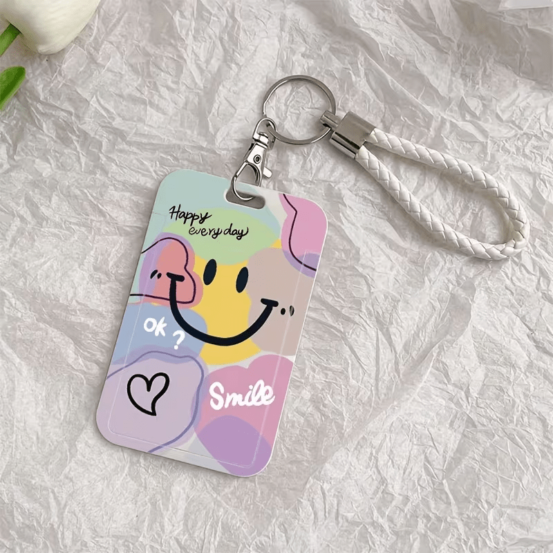 E-shop 2D Bunte Minimalistische Smiley Gesicht Design - Robuster mit Schlüsselband - Multifunktionale Karten Schutzhülle, Geeignet für Busfahrkarten,