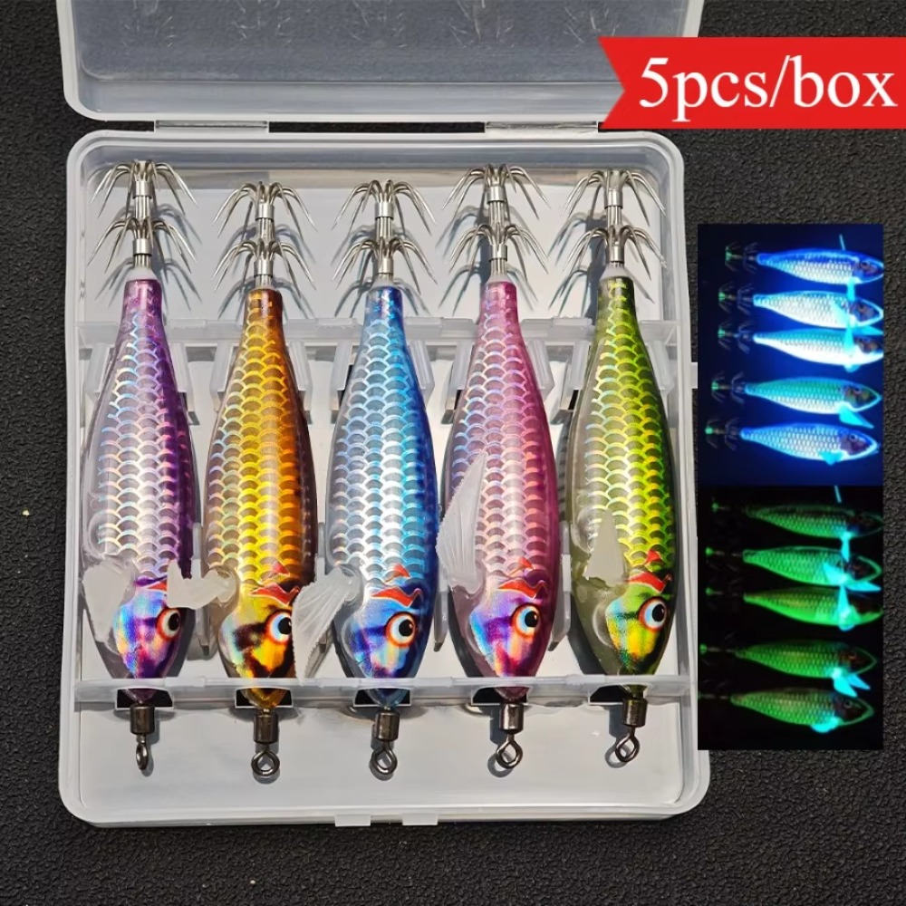 TEMU 5pcs/Boîte Jigs Calamars Horizontaux Egi Set Simulation Appât de Pêche aux Crevettes Luminescent dans Hameçon Appât d'Eau Salée