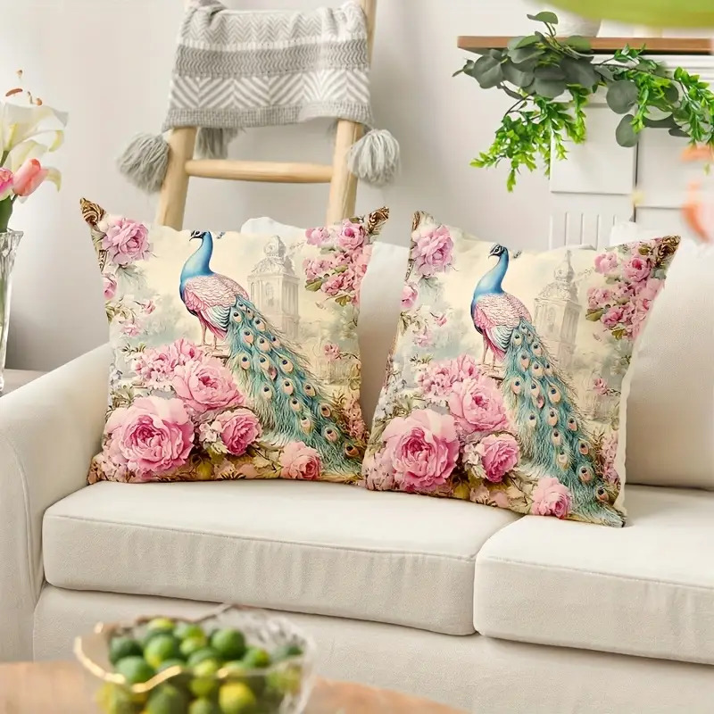 TEMU 2d Flat 2pcs Peacock Rose Print Pillowcases, Light Room Sofa Throw Pillow Covers With Zipper Closure, Modern Home Decor, Accent For Living Room