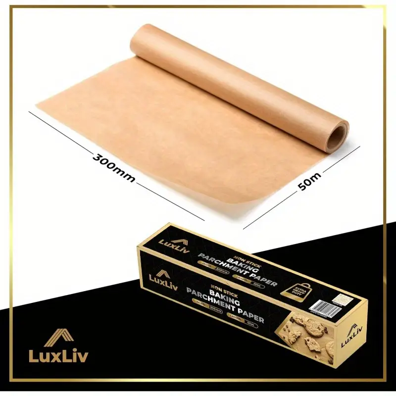 1 roll extra long 164ft/50m - heavy-duty thick greaseproof baking paper - beige to brown parchment sheets for oven, sourdough, pastries, - compatible with - ideal for home & professional kitchens - unbleached, wax coated, 11.8 inches wide (30cm) - bread, pizza, pie, tart - easy - durable & safe for freezing - luxuly brand Product details 1