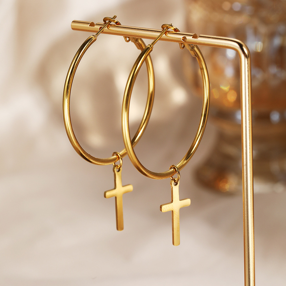 Image of Set Of Round Cross Earrings Made From Stainless Steel, From Materials That Resist Tarnishing, Perfect For Stylish Everyday Use And Parties, Making A Fashion Statement