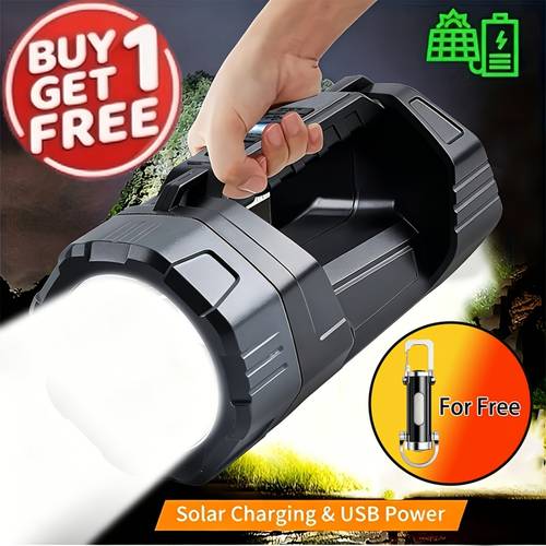 free total of 2pcs multifunctional solar led flashlight with cob side light usb rechargeable handheld searchlight with power display portable emergency lanternfor camping hiking fathers day gift