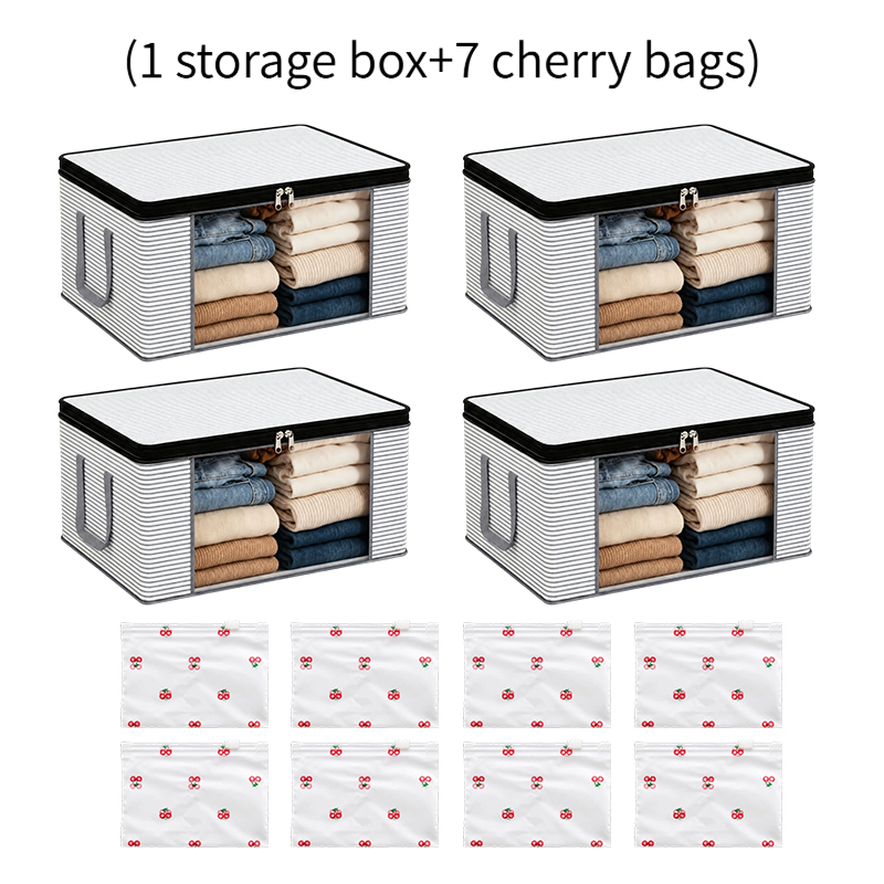 TEMU 8 (1pc Storage Box And 7pcs ) Large Capacity Gray Striped Fabric Storage, Foldable Organizing Bag, Transparent Visible Window With Zipper Cover,