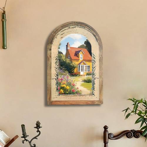 1pc vintage distressed light wood colored arched photo frame framing cottage landscape oil painting fresh colors and atmosphere artistic ambiance to home