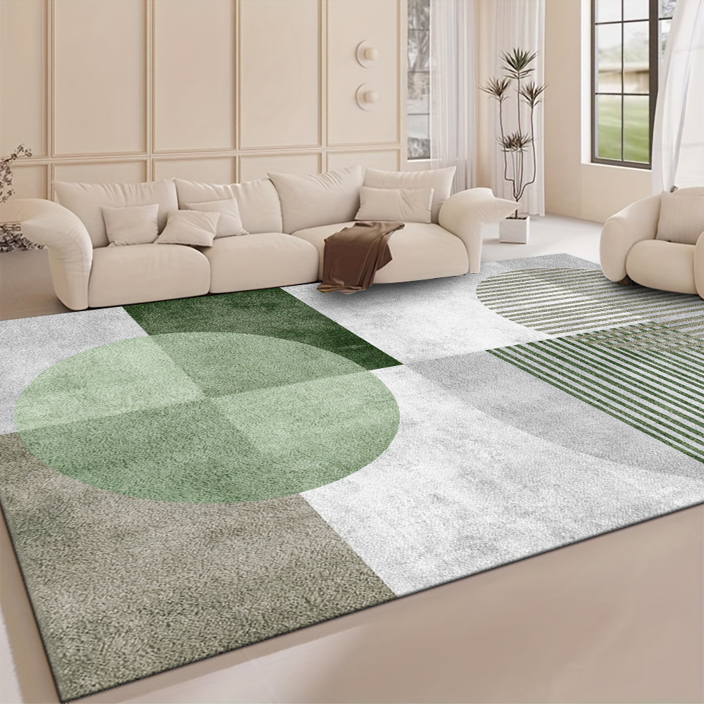 TEMU Velvet Modern Geometric Pattern Floor Mat - Green And Gray Soft Tones With, Black, And Brown, Plush Pile, 5mm Thick Backing For Weight Bearing,
