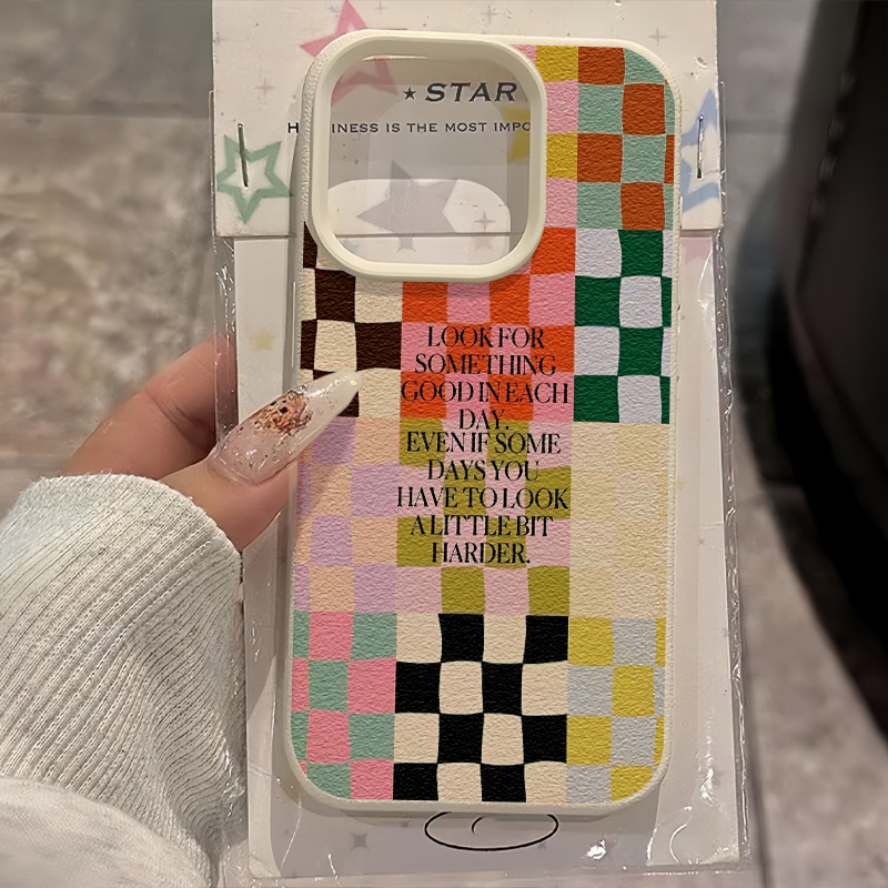 Image of Phone Case - Colorful Checkerboard Quote Phone Case, Soft Frame And Lychee Grain Back, Large Camera Cutout, Raised , Anti-slip And Shock Resistant, Nice Gift For Family, And Soulmates