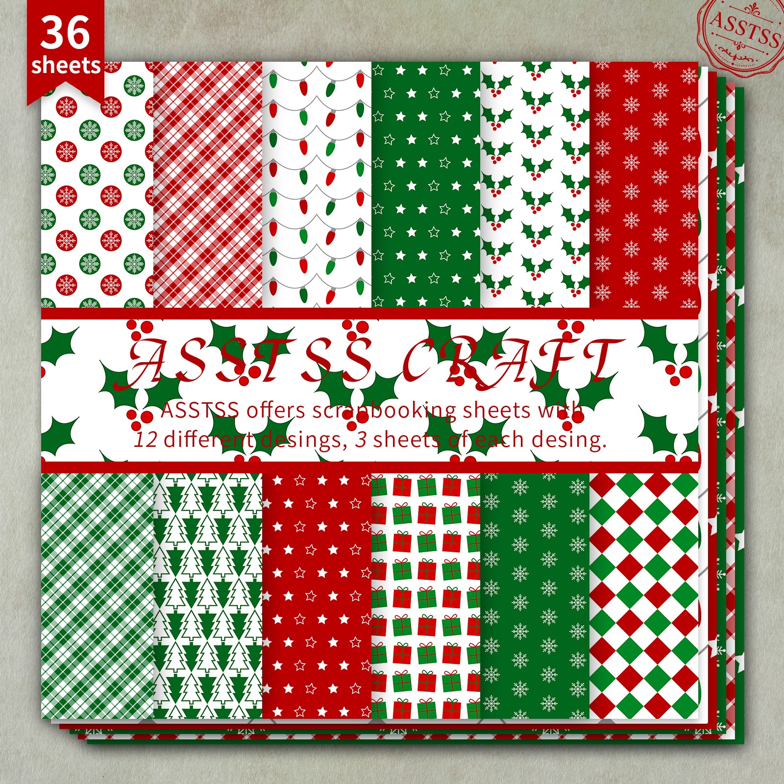 TEMU 36-sheet Asstss 6*6inch Scrapbooking Paper Pad, Christmas Red Green Snowflake Polka Dot Style Backing Paper Supplies, Heavyweight Cardstock For