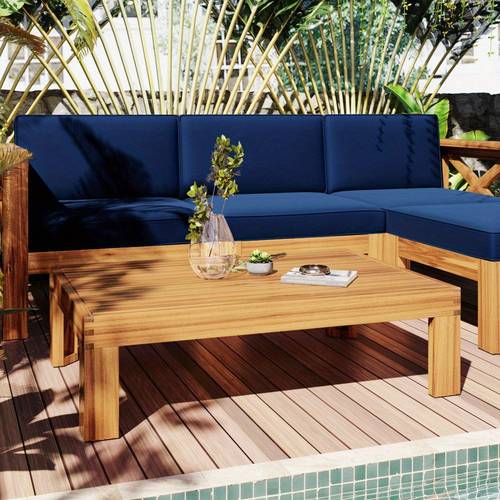 outdoor backyard patio wood 5pcs sectional sofa seating group set with cushions natural blue cushions
