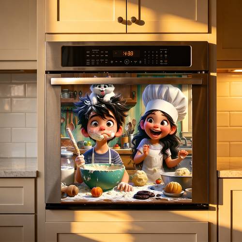 item picture 2d cartoon cute kids cat print pattern kitchen oven decorative sticker dishwasher sticker self kitchen decorative sticker suitable for home kitchen countertops and walls holiday decoration background decorative sticker