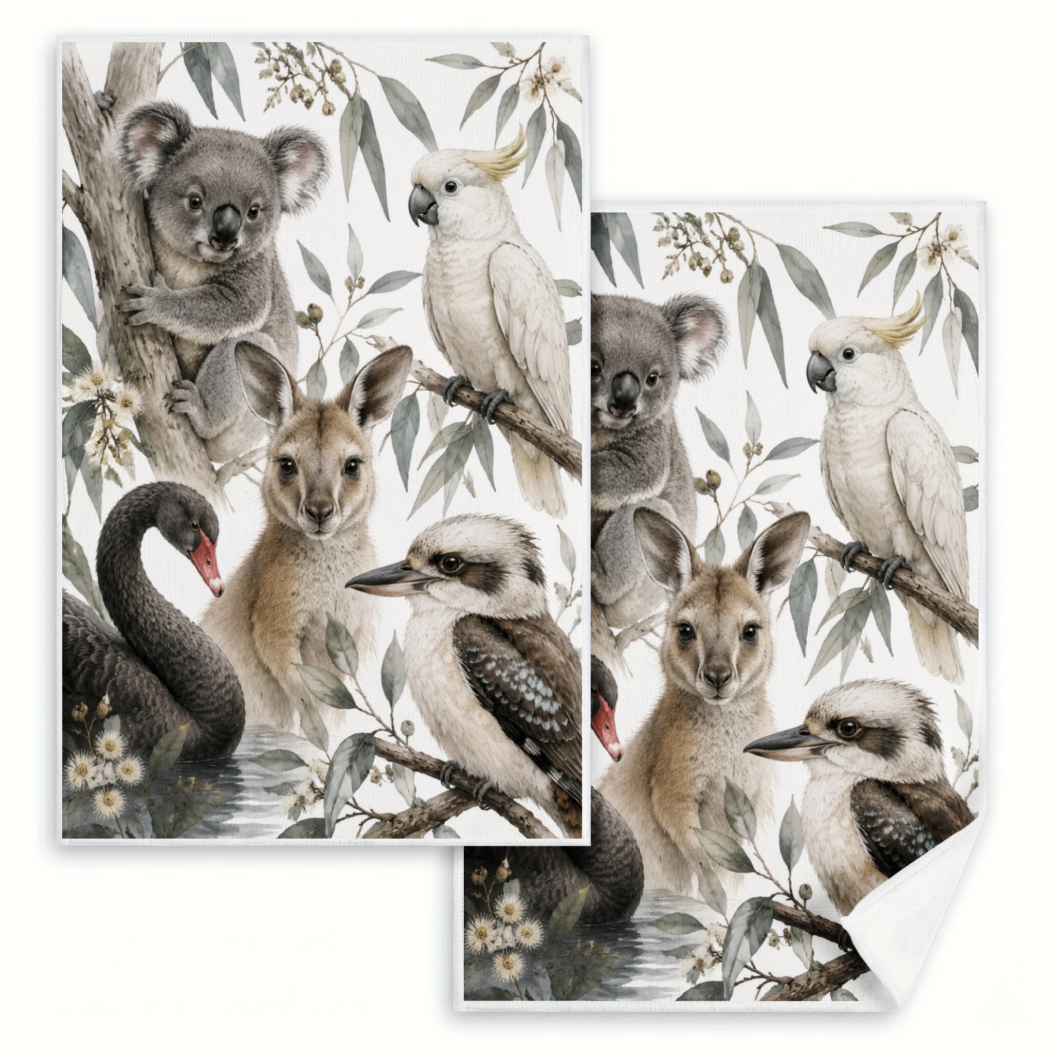 TEMU 2pcs 2d Flat Single-sided Printed Dishcloths, Polyester Watercolor Retro Style Australian Wildlife Eucalyptus Pattern Koala Kangaroo Laughing