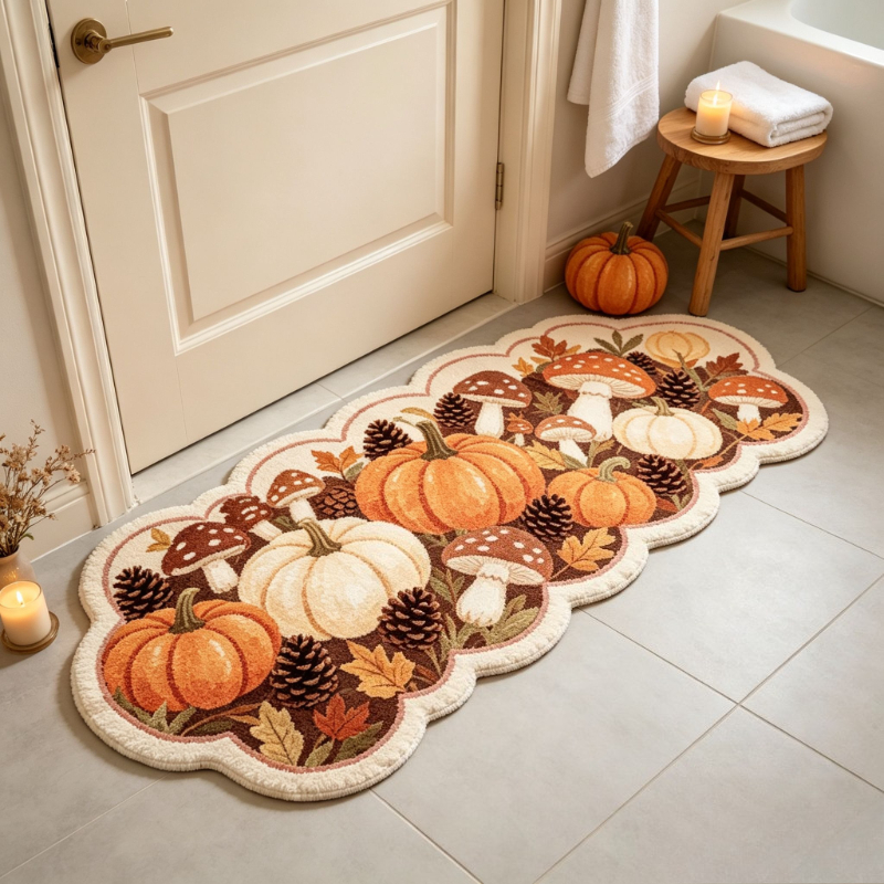 TEMU Faux Cashmere 900g 1pc Autumn Atmosphere Bedroom Decor Bedside Carpet Pumpkin Mushroom Pattern Living Room Wavy Edge Carpet Fluffy Soft Bay