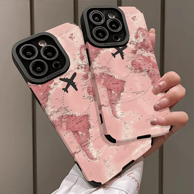 Foto de Funda con diseño de mapa de aviación de avión rosa.